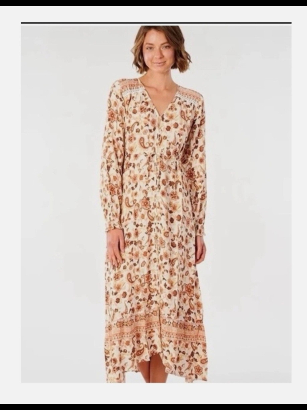 Rip Curl Cream Paisley Long Sleeve Boho Midi Dress Medium